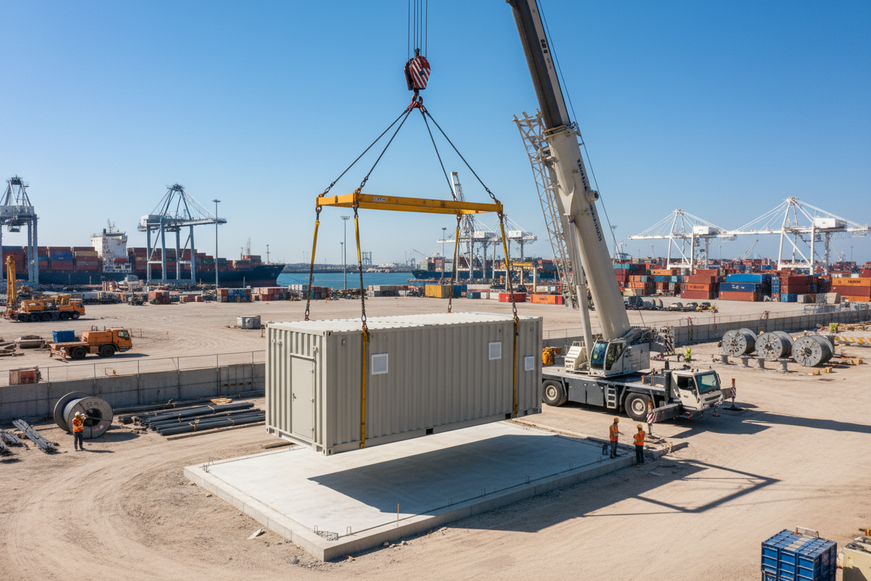 TR7 GRP housing being craned into position at Bristol Port